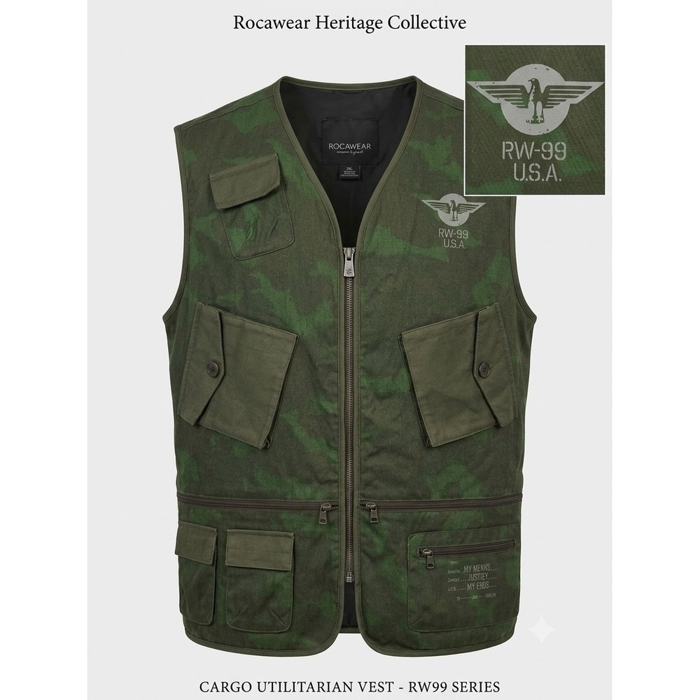 ROCAWEAR Utility Cargo Vest Mens 2XL Green Camo RW-99 Streetwear Retro Y2K